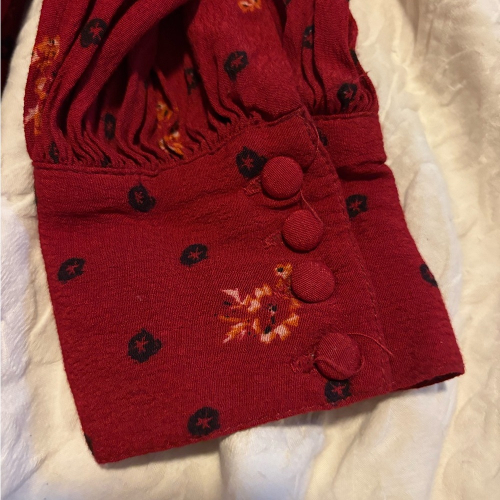 Free People Burgundy Red  Floral Smocked Long Sleeve Dress - Picture 9 of 9